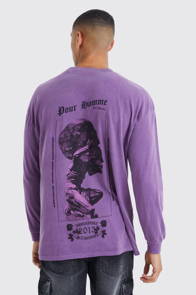 Men's Oversized Long Sleeve Skull Overdye T-Shirt - Purple - Xs, Purple