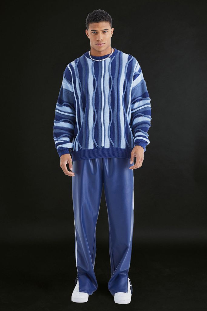 Men's Oversized 3D Jacquard Knitted Jumper - Blue - L, Blue