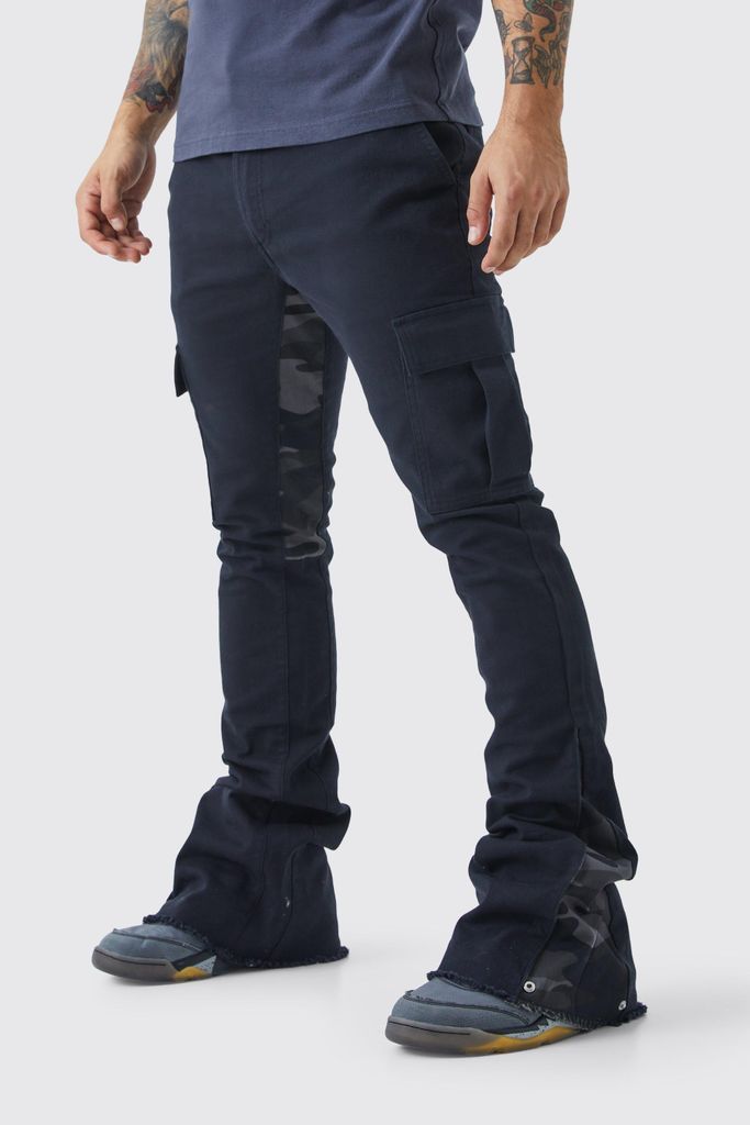 Men's Skinny Stacked Flare Camo Gusset Cargo Trouser - Black - 30, Black