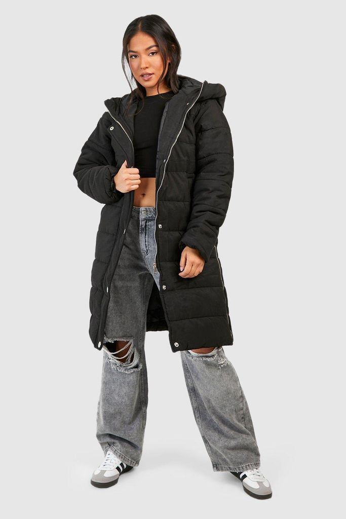 Womens Petite Longline Zip Detail Puffer Jacket - Black - 8, Black