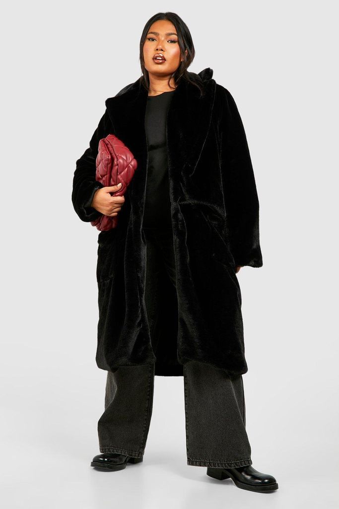 Womens Plus Faux Fur Longline Overcoat - Black - 22, Black