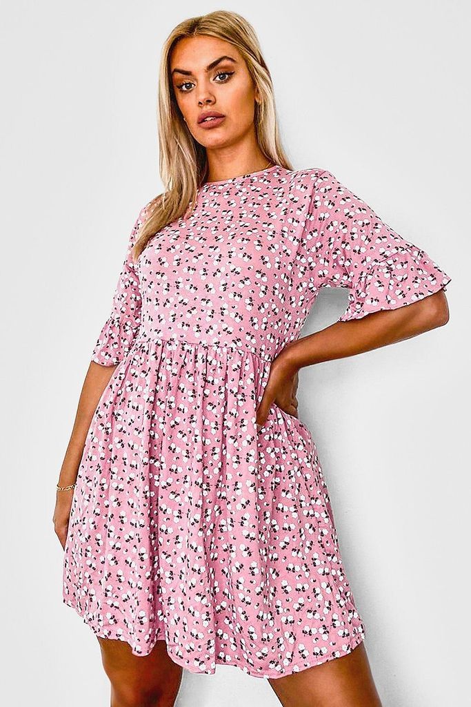 Womens Plus Ditsy Floral Smock Dress - Pink - 28, Pink