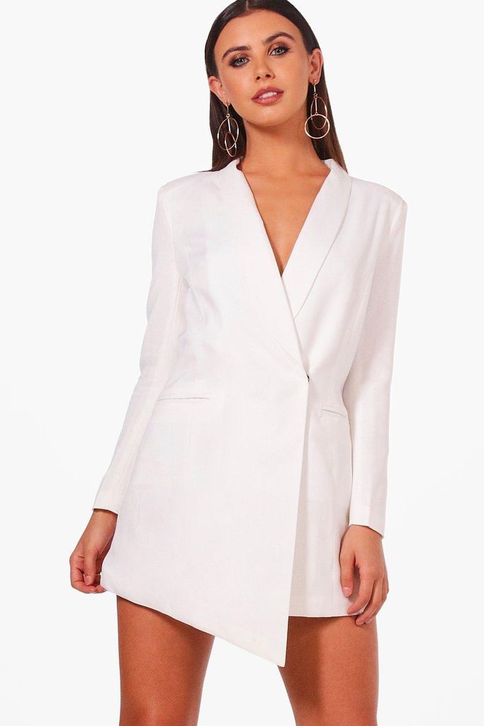 Womens Petite Asymmetric Blazer Dress - White - 4, White