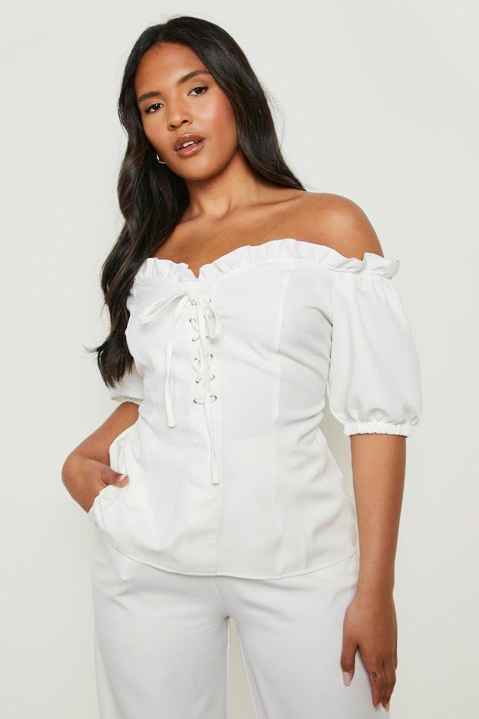 Womens Plus Lace Up Sweetheart Neckline Off Shoulder Top - White - 22, White