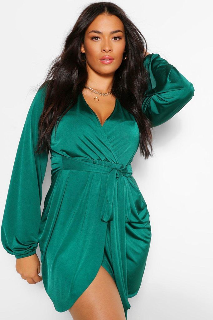 Womens Plus Disco Slinky Belted Wrap Dress - Green - 26, Green