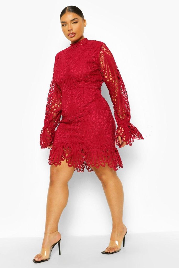 Womens Plus Lace High Neck Ruffle Mini Dress - Red - 28, Red