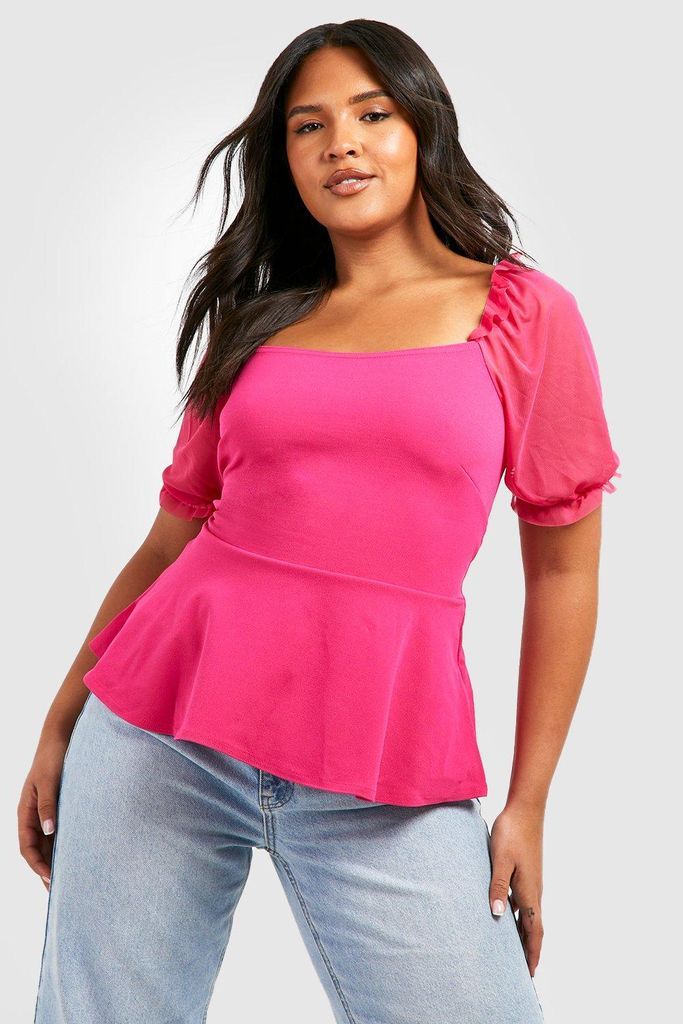 Womens Plus Mesh Puff Sleeve Peplum Top - Pink - 28, Pink