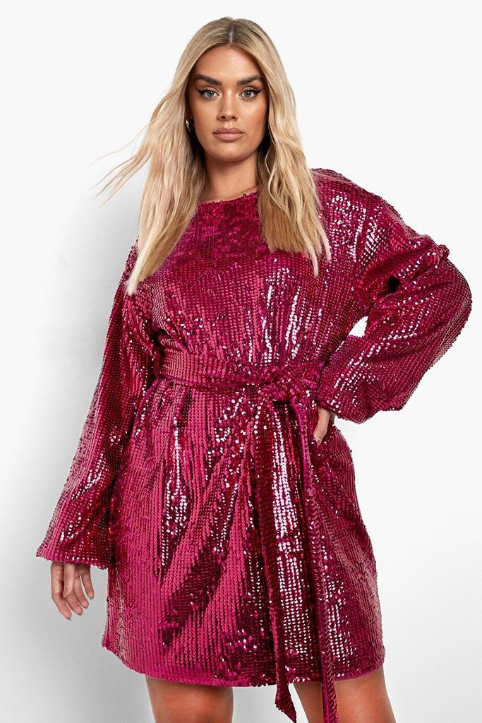 Womens Plus Sequin Belted Blouson Sleeve Shift Dress - Pink - 22, Pink