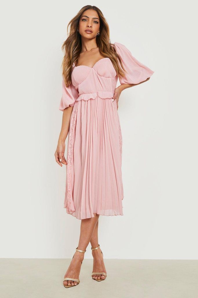 Womens Pleated Short Sleeve Midi Smock Dress - Pink - 8, Pink
