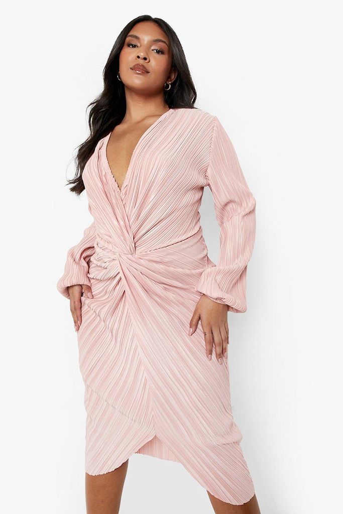 Womens Plus Plisse Twist Front Midi Dress - Pink - 28, Pink