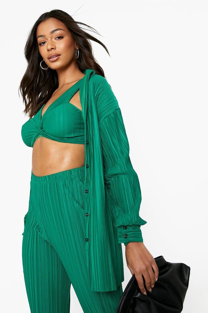 Womens Plisse Oversized Shirt And Twist Bralet Set - Green - 6, Green