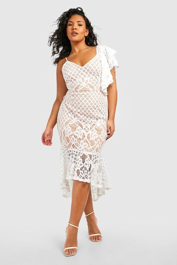 Womens Plus Contrast Lace Peplum Frill Midi Dress - White - 18, White