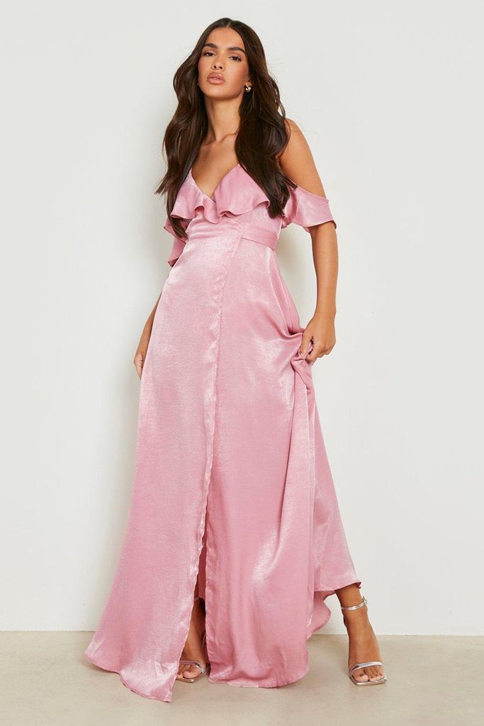 Womens Hammered Satin Cold Shoulder Wrap Maxi Dress - Pink - 10, Pink
