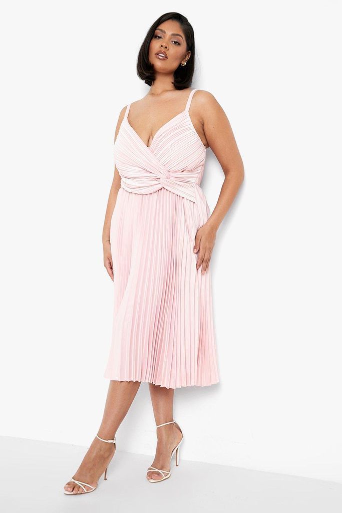 Womens Plus Pleated Satin Twist Detail Midi Dress - Pink - 24, Pink