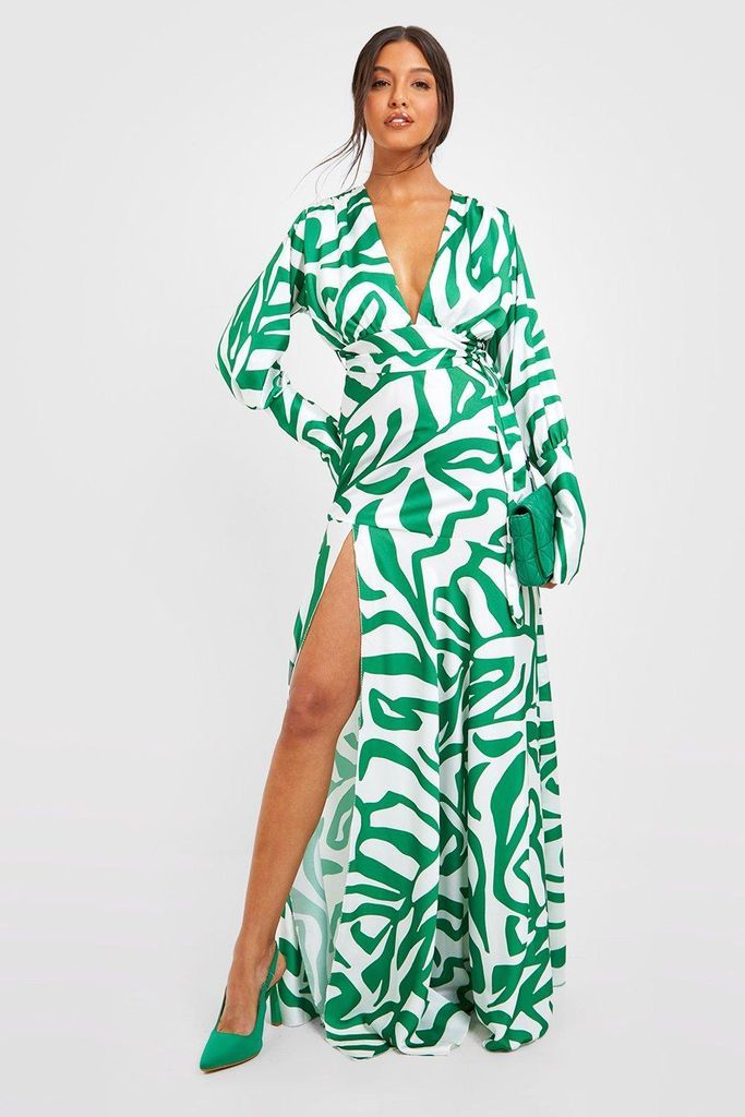 Womens Printed Satin Side Split Belted Maxi Dress - Green - 8, Green