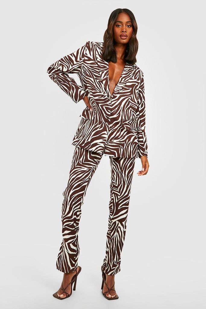 Womens Tonal Zebra Slim Fit Split Front Trousers - Brown - 10, Brown
