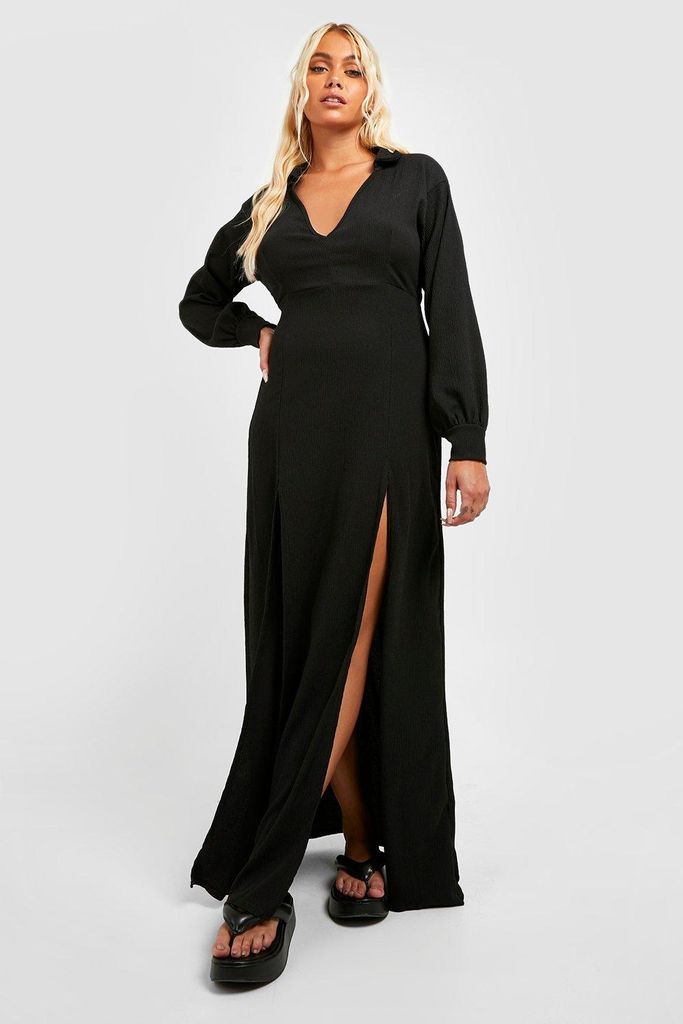 Womens Crinkle Split Maxi Beach Shirt Dress - Black - S, Black