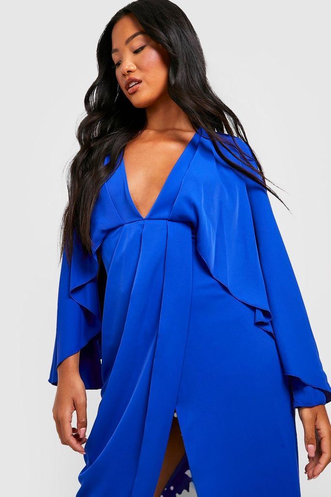 Womens Petite Satin Cape Wrap Midi Dress - Blue - 4, Blue