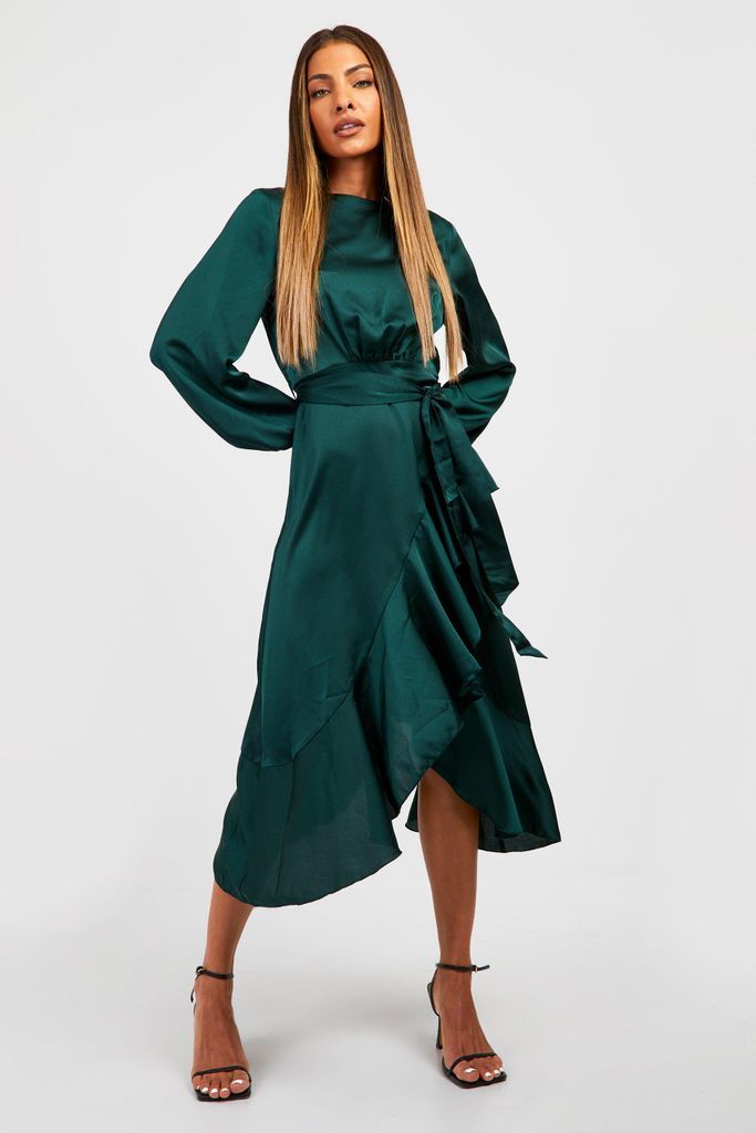 Womens Long Sleeve Satin Frill Wrap Midi Dress - Green - 10, Green
