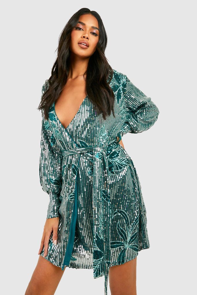 Womens Floral Sequin Tie Wrap Mini Party Dress - Green - 8, Green