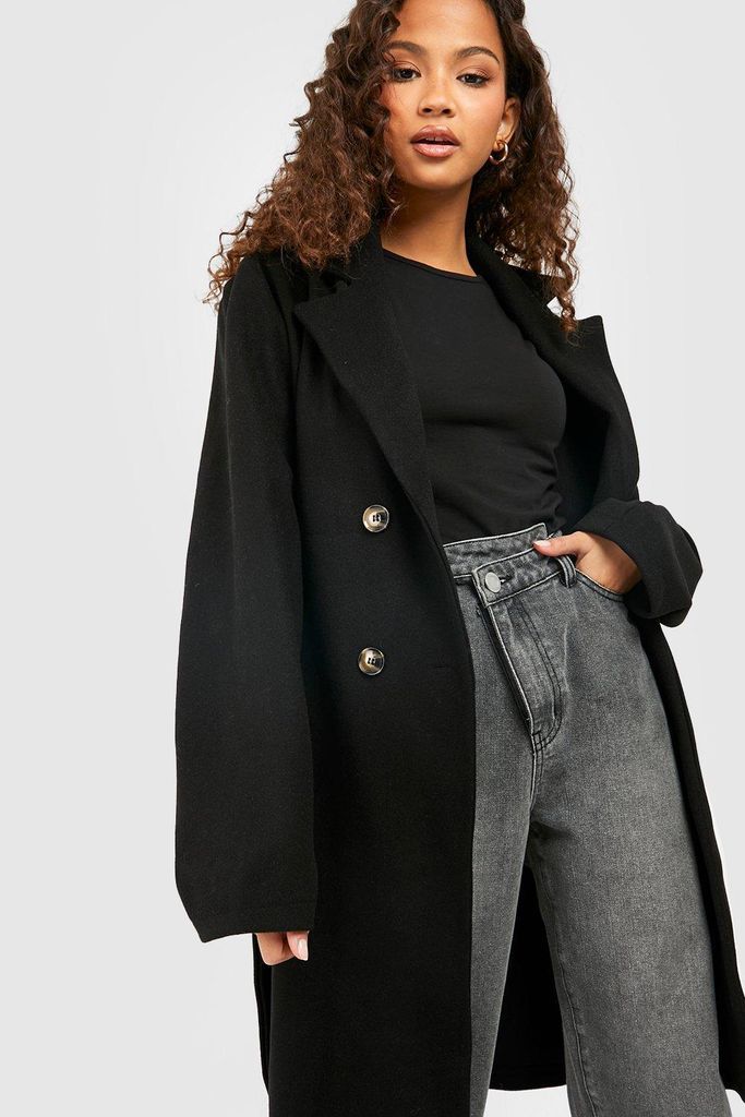 Womens Belted Double Breasted Wool Look Coat - Black - 10, Black