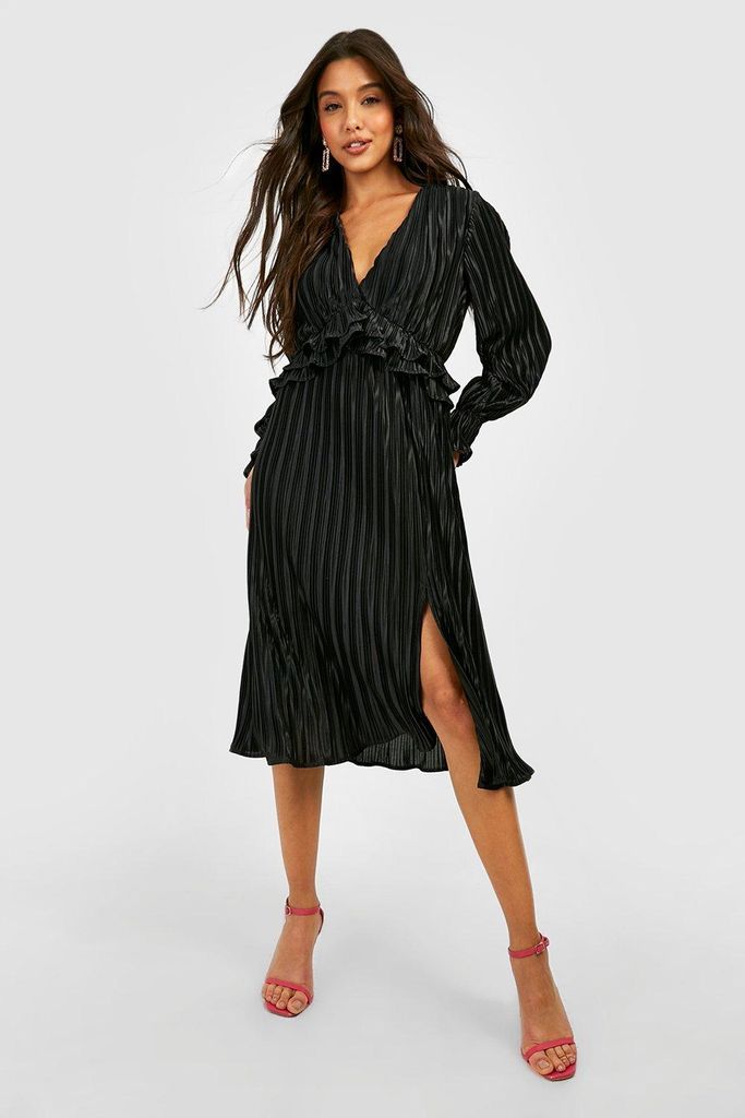 Womens Pleated Plunge Ruffle Detail Midi Dress - Black - 8, Black