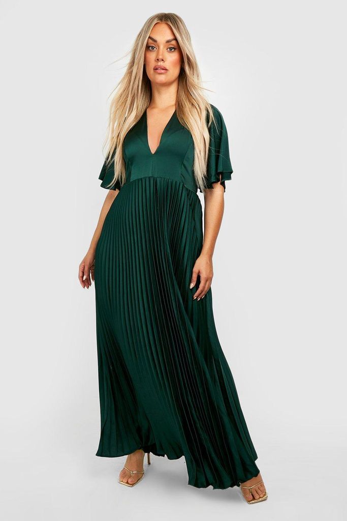 Womens Plus Satin Pleated Plunge Occasion Maxi Dress - Green - 16, Green