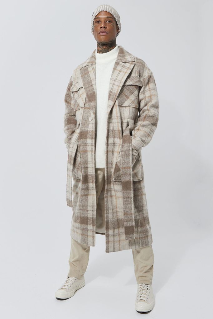 Men's Wool Look Check Pocket Longline Belt Overcoat - Beige - Xs, Beige