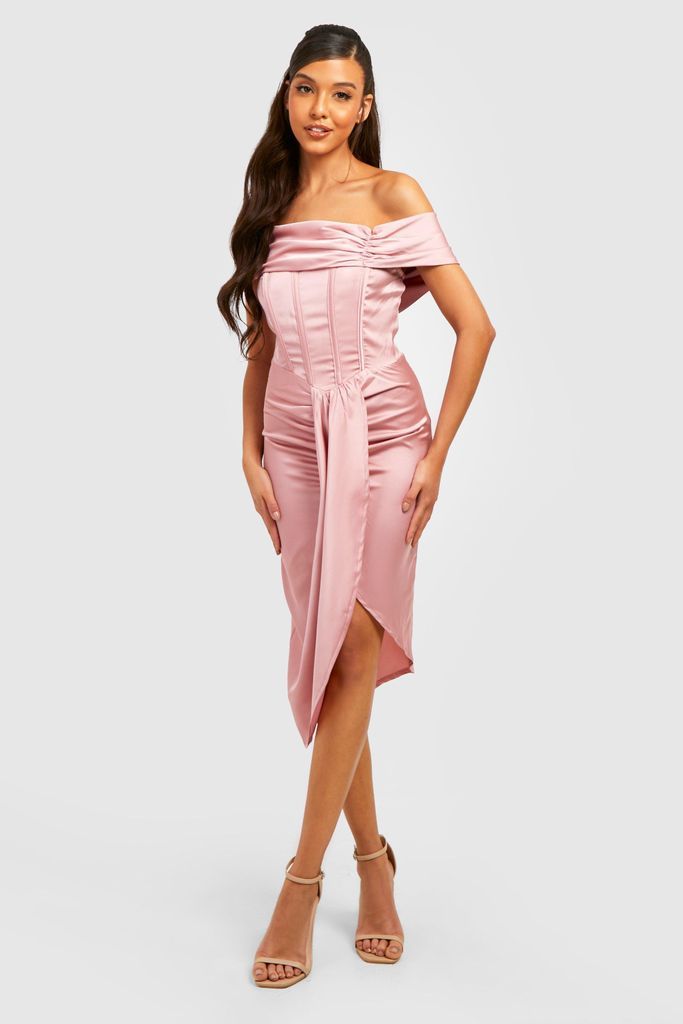 Womens Satin Corset Bardot Drape Midi Dress - Pink - 18, Pink