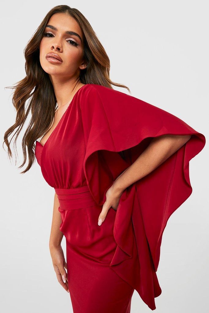 Womens Satin Ruffle Sleeve Midi Dress - Red - 10, Red