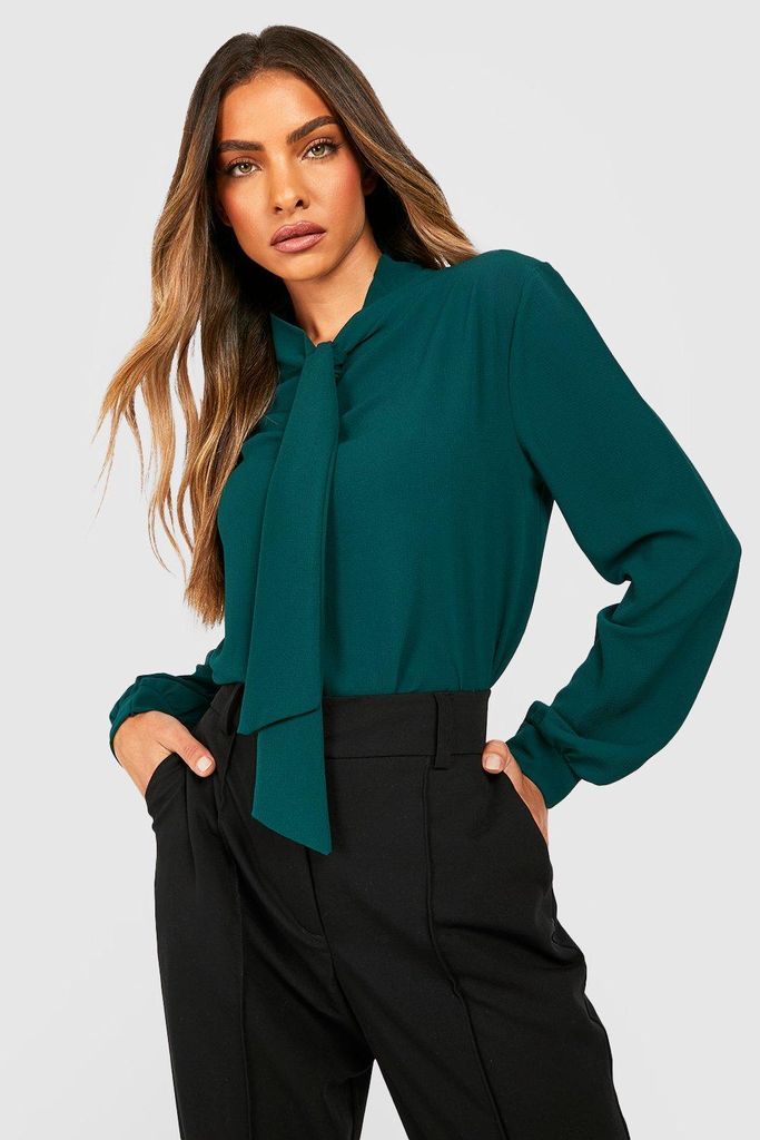 Womens Pussybow Woven Blouse - Green - 8, Green
