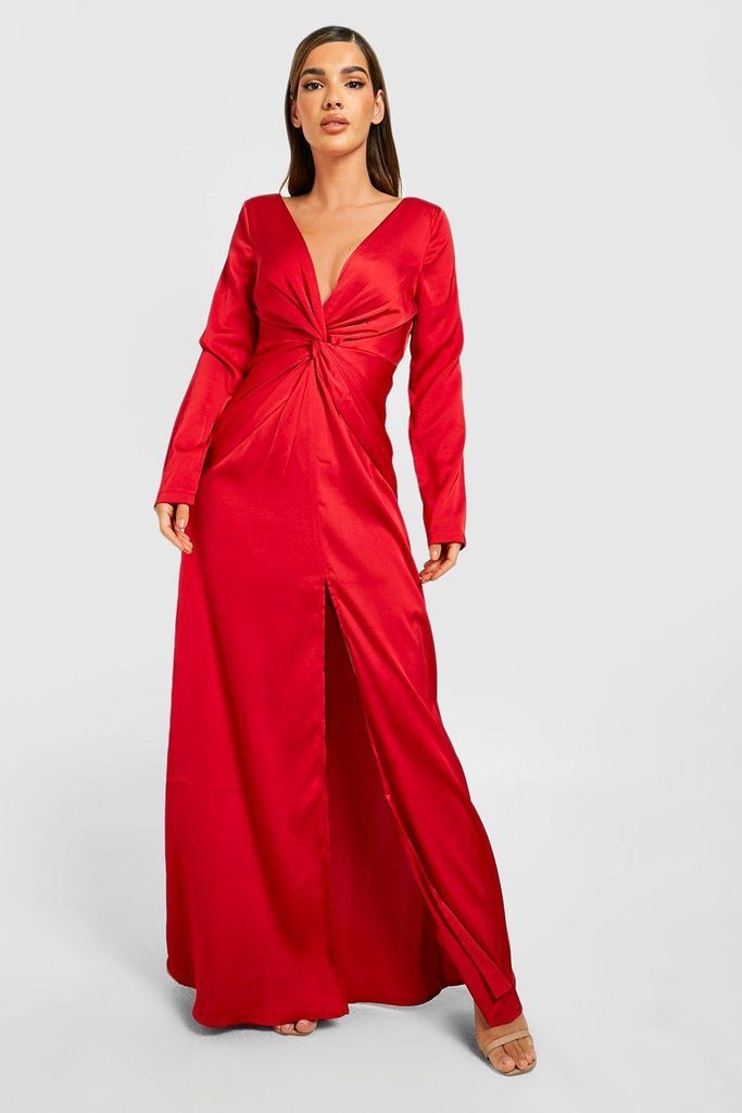 Womens Satin Twist Detail Split Maxi Dress - Red - 8, Red