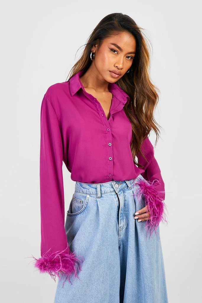 Womens Oversized Feather Chiffon Shirt - Purple - 12, Purple