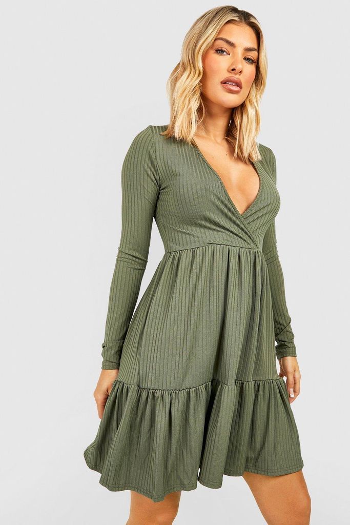 Womens Ribbed Tiered Skater Dress - Green - 8, Green
