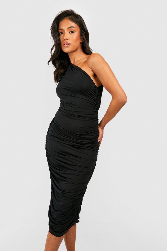 Womens Petite Asymmetric Ruched Midi Dress - Black - 8, Black