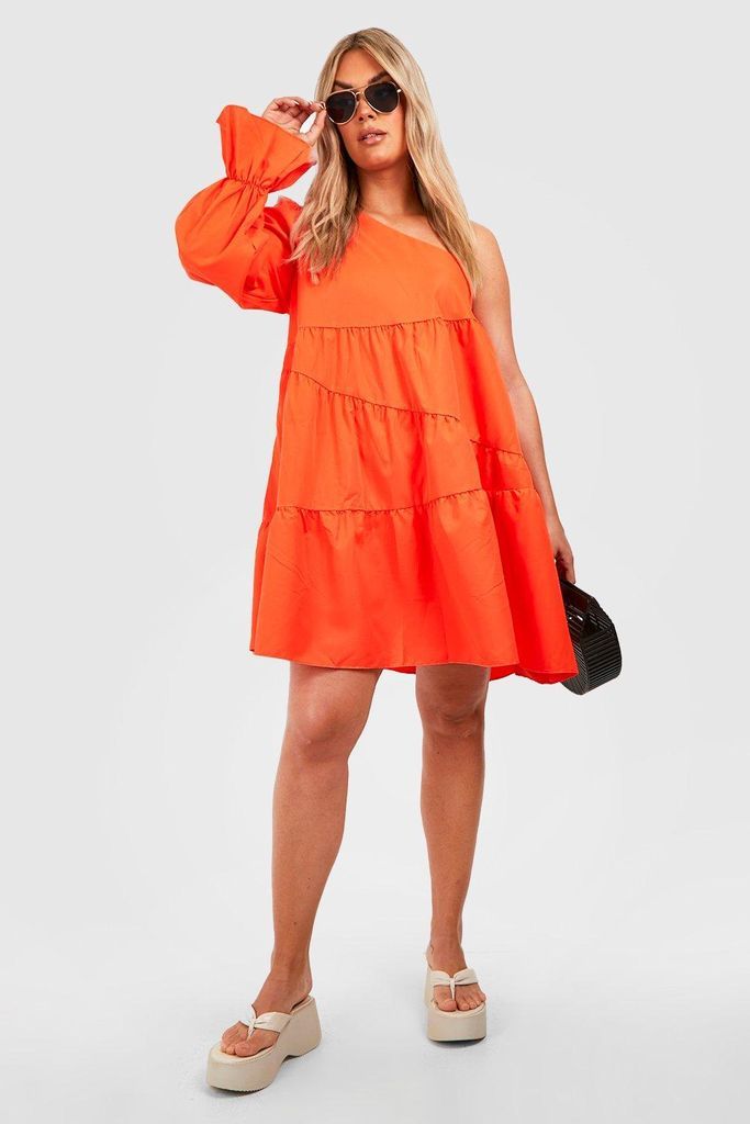 Womens Plus Woven One Shoulder Tiered Smock Dress - Orange - 28, Orange