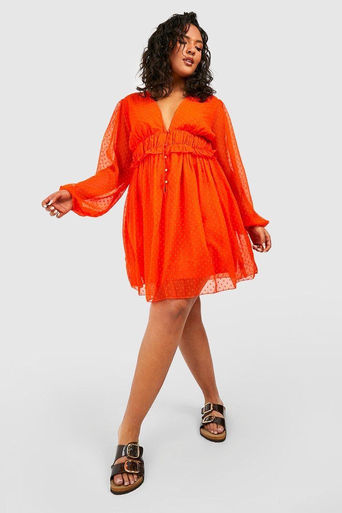 Womens Plus Dobby Mesh Ruffle Smock Dress - Orange - 28, Orange