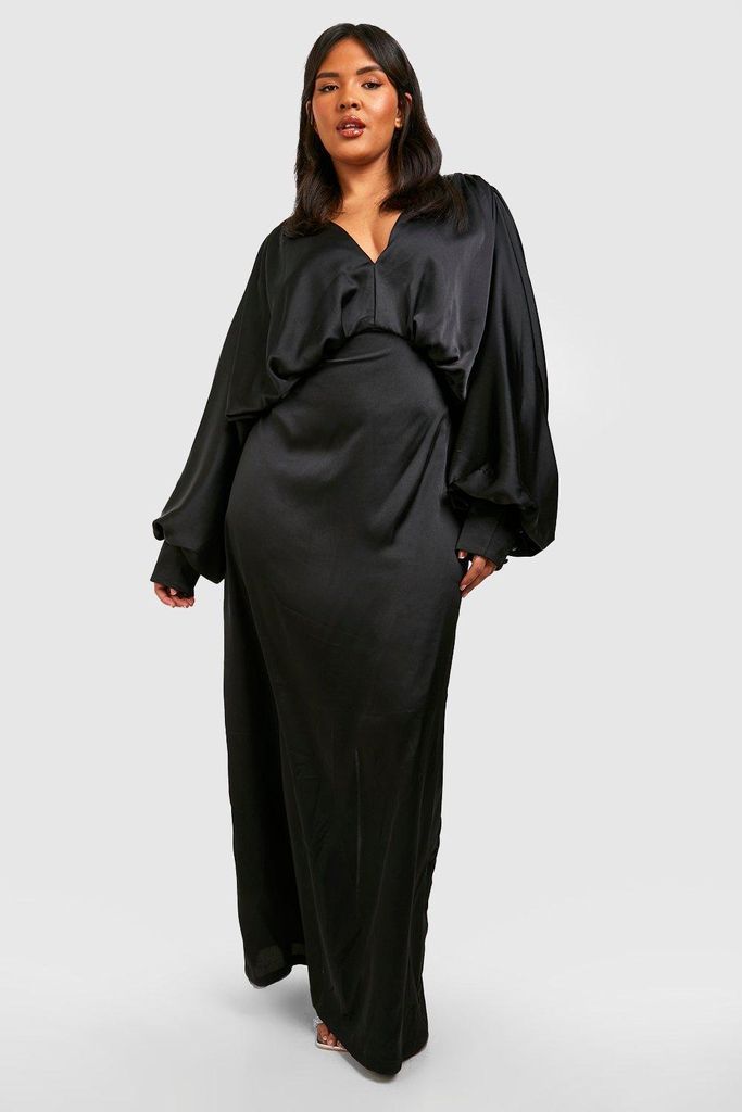 Womens Plus Satin Plunge Blouson Sleeve Maxi Dress - Black - 28, Black