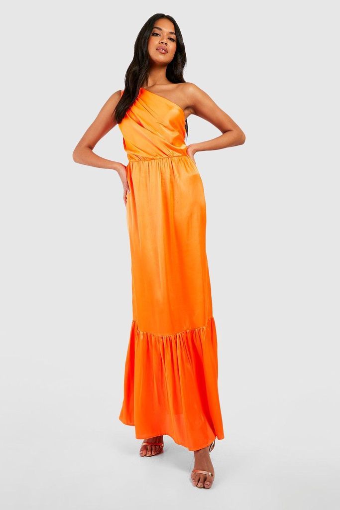 Womens Satin One Shoulder Maxi Dress - Orange - 12, Orange