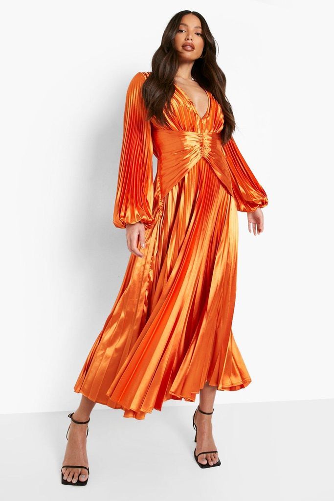 Womens Tall Satin Pleated Midaxi Occasion Dress - Orange - 6, Orange