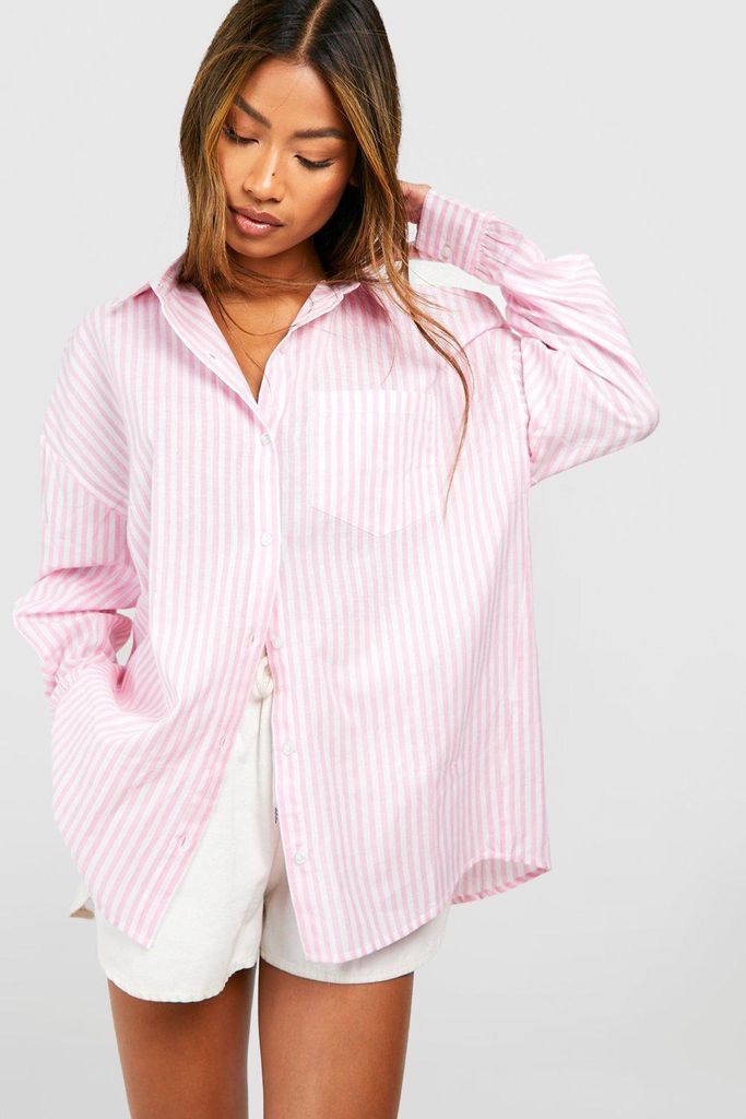 Womens Oversized Striped Linen Shirt - Pink - 14, Pink