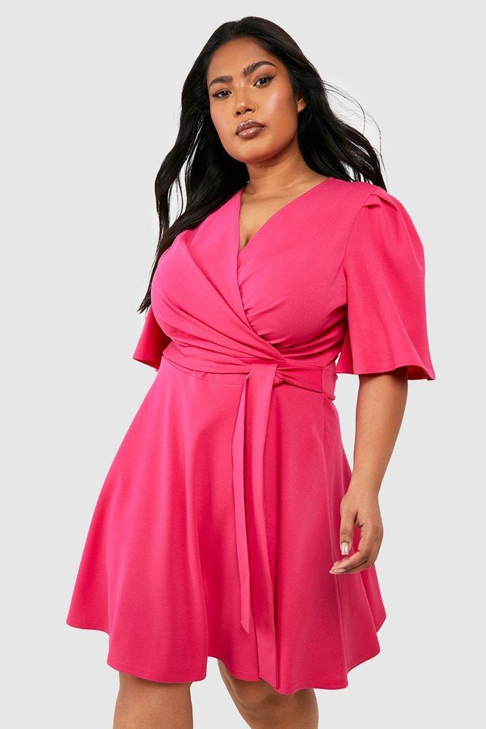Womens Plus Wrap Angel Sleeve Tie Belt Skater Dress - Pink - 16, Pink