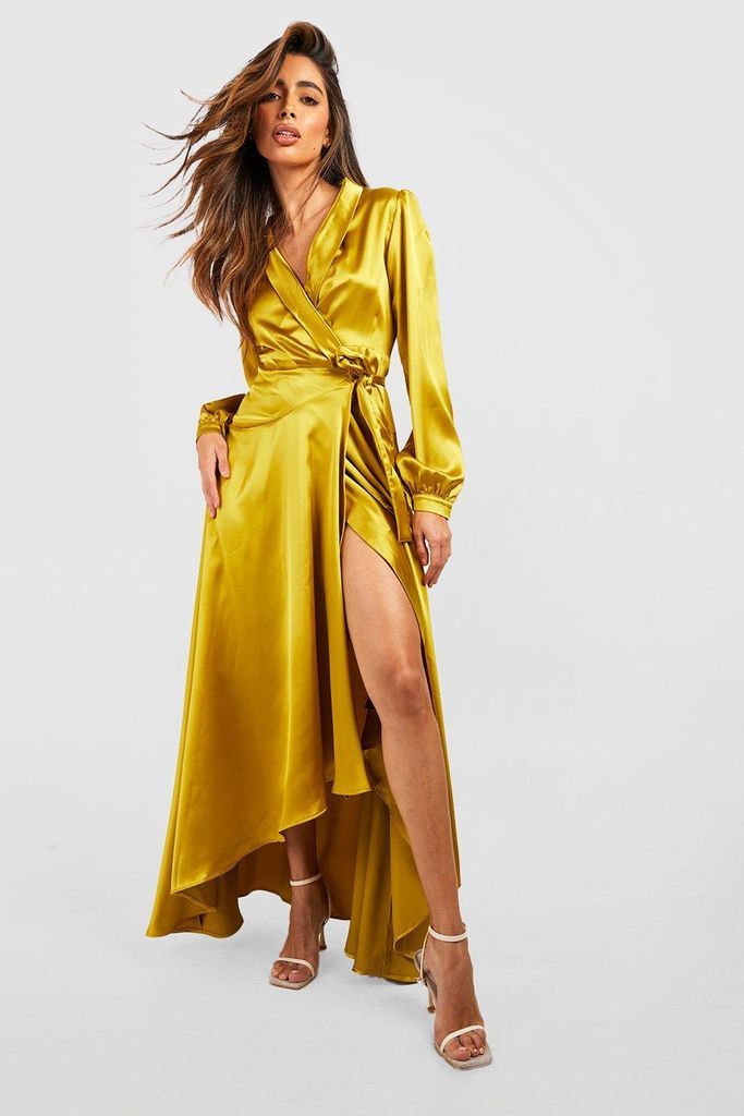 Womens Satin Wrap Belted Maxi Dress - Yellow - 10, Yellow