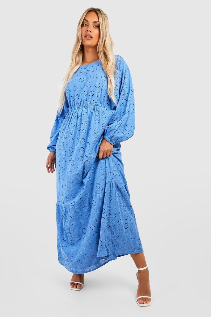 Womens Plus Broderie Anglaise Longsleeve Tiered Maxi Dress - Blue - 22, Blue