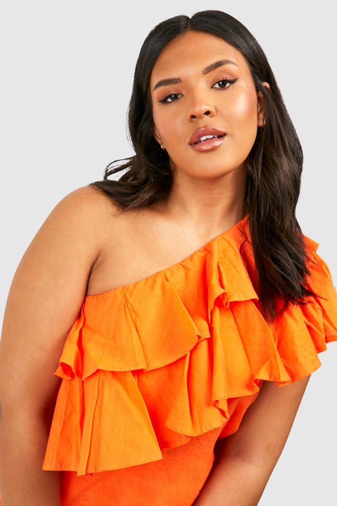 Womens Plus Woven Frill One Shoulder Top - Orange - 16, Orange