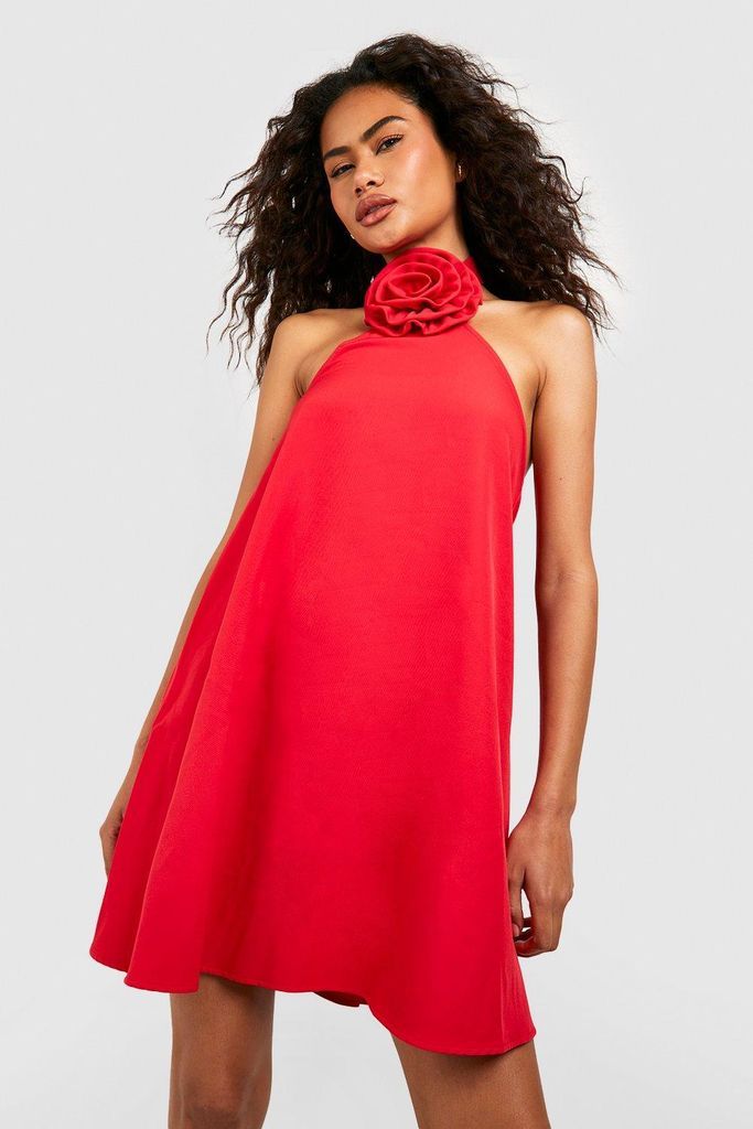 Womens Rose Detail Halter Neck Mini Dress - Red - 8, Red