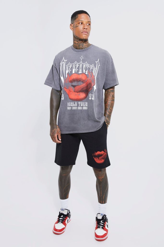 Men's Oversized Overdyed Gothic Lips T-Shirt Set - Grey - L, Grey