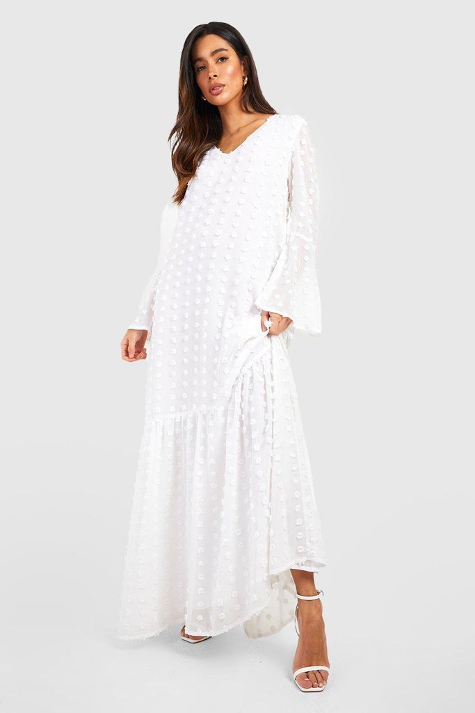 Womens Textured Dobby Flare Sleeve Maxi Dress - White - 10, White