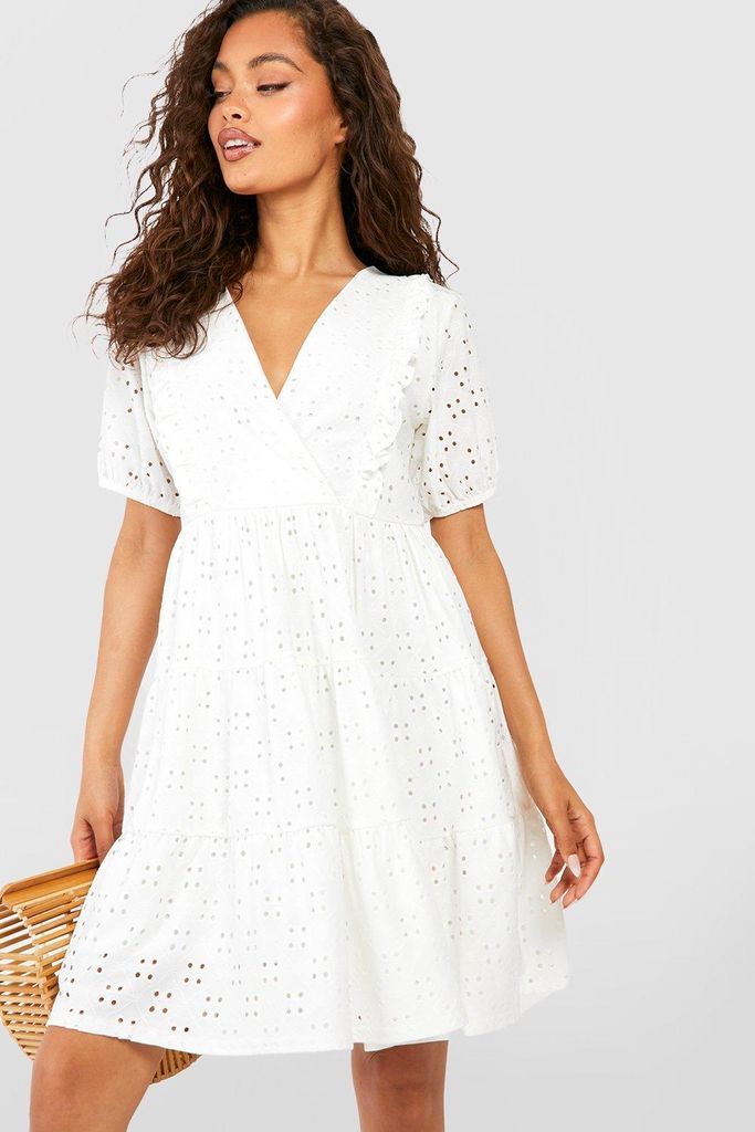 Womens Soft Broderie Ruffle Smock Dress - White - 8, White