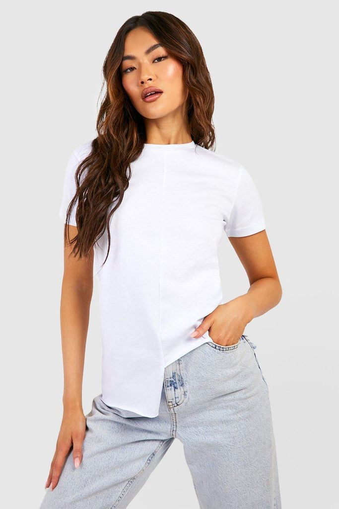 Womens Asymmetric Hem Seam Deatil T-Shirt - White - 6, White